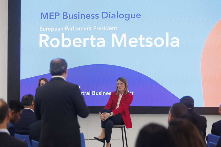 European Parliament President Roberta Metsola participates during an SME Chamber event